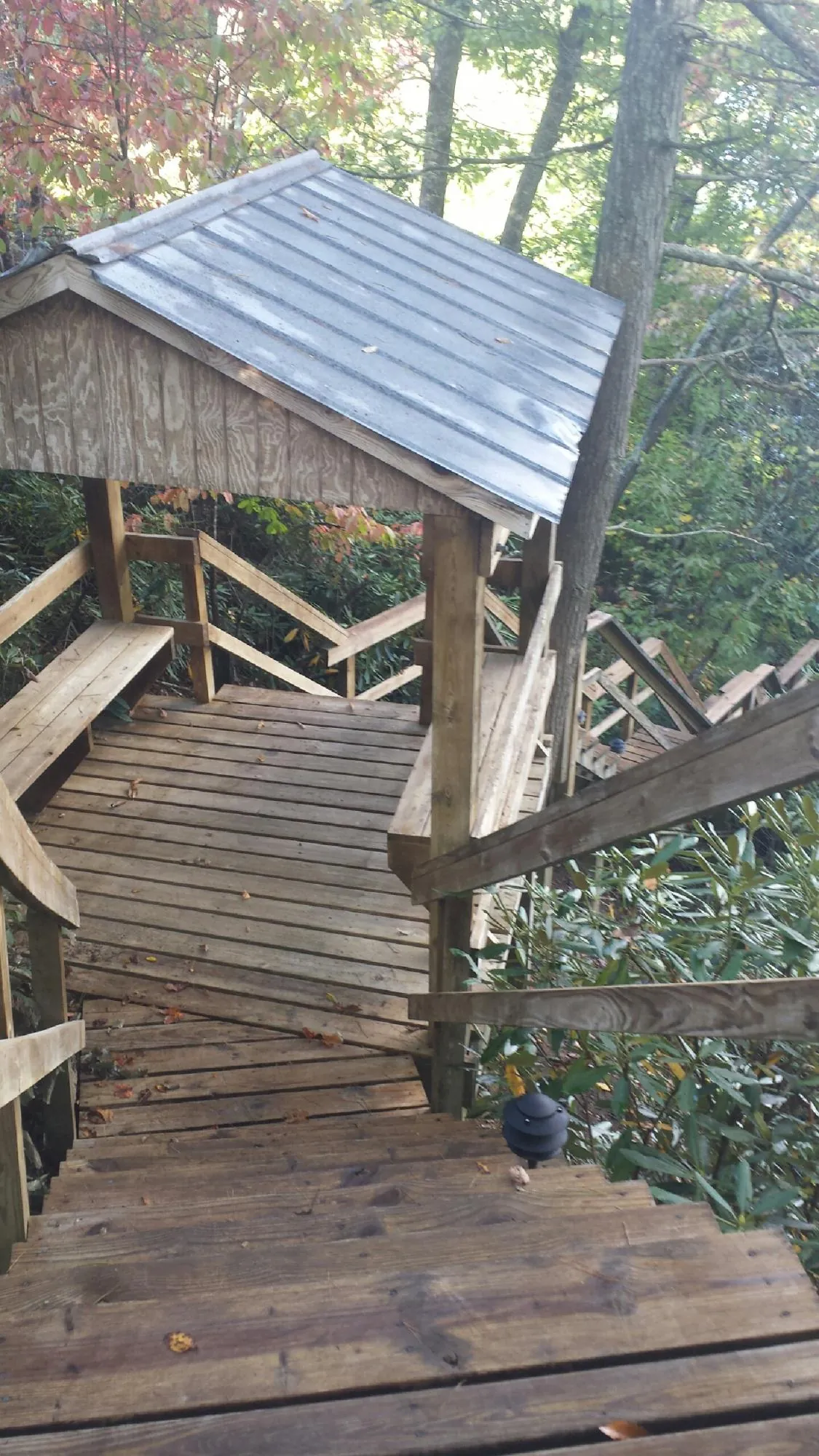 Metal roofed shelter over wooden steps on a wooded walkway — Skylight Repair & Installation work by our crew in Velva